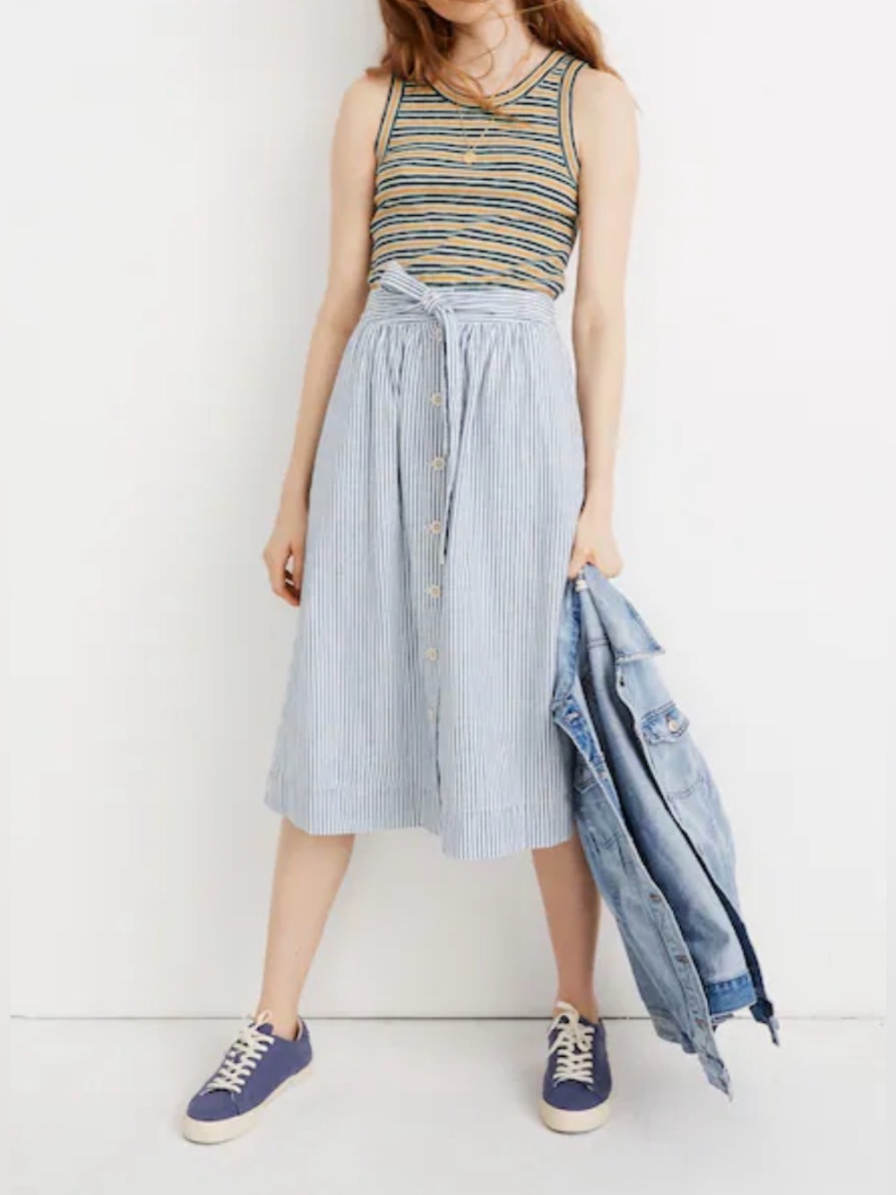 🌿 Madewell Tie Palisade Button-Front Midi Skirt Pilar Stripe Size 2